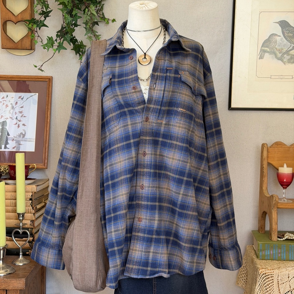 Blue Plaid Cotton Shirt Oversized Western Granola XL Indie grunge shacket Layer